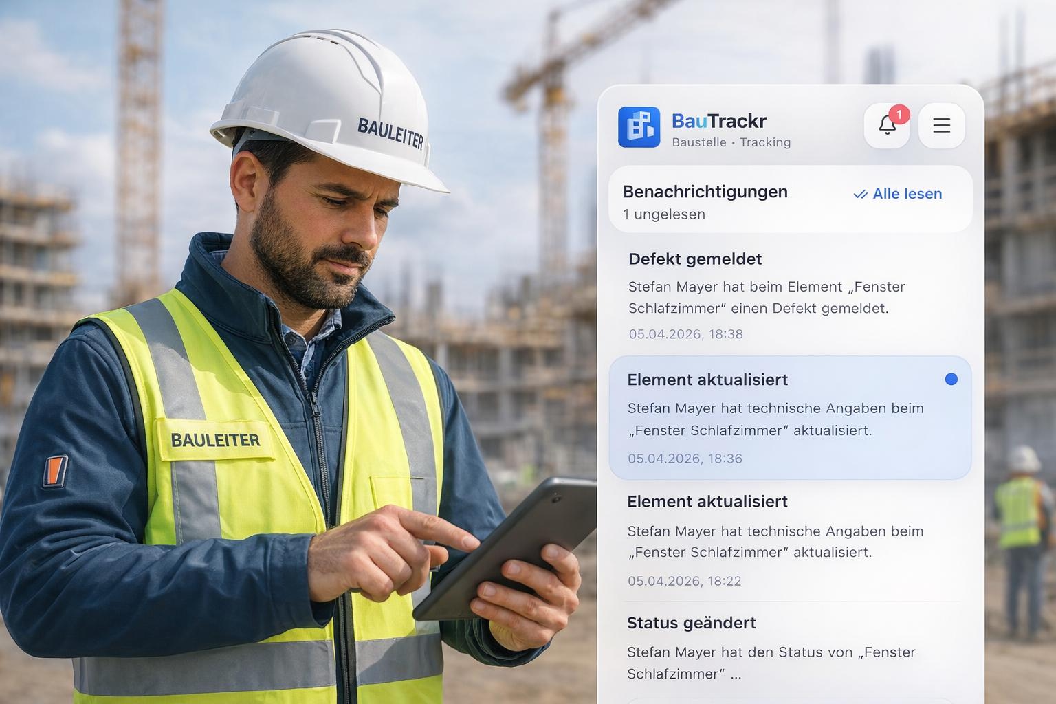 Bauleiter schaut auf Tablet mit Benachrichtigungen
